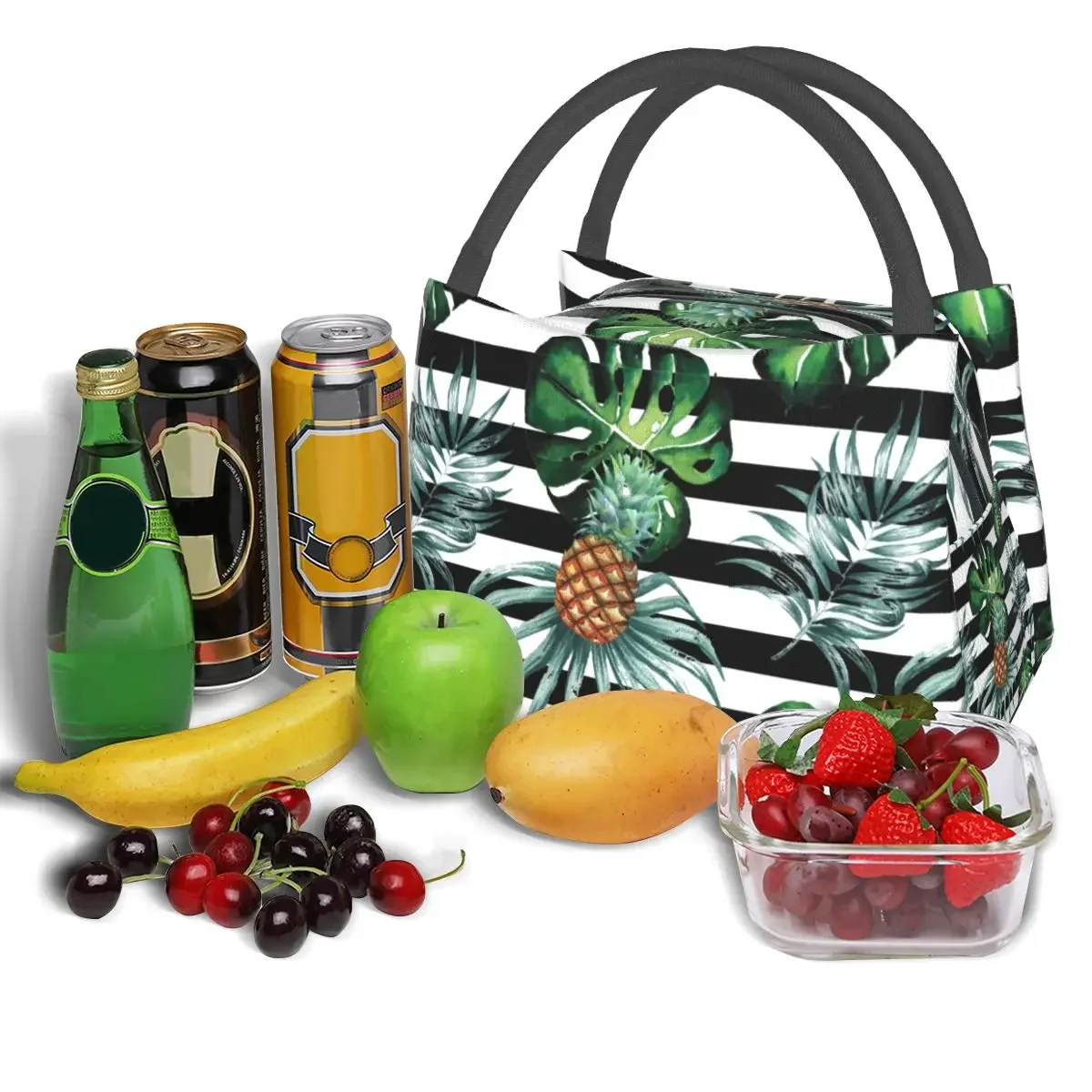 Bolsa de almuerzo de acuarela Tropical, fiambrera estética de piña y rayas, bolso de mano térmico escolar, bolso enfriador de diseñador Oxford