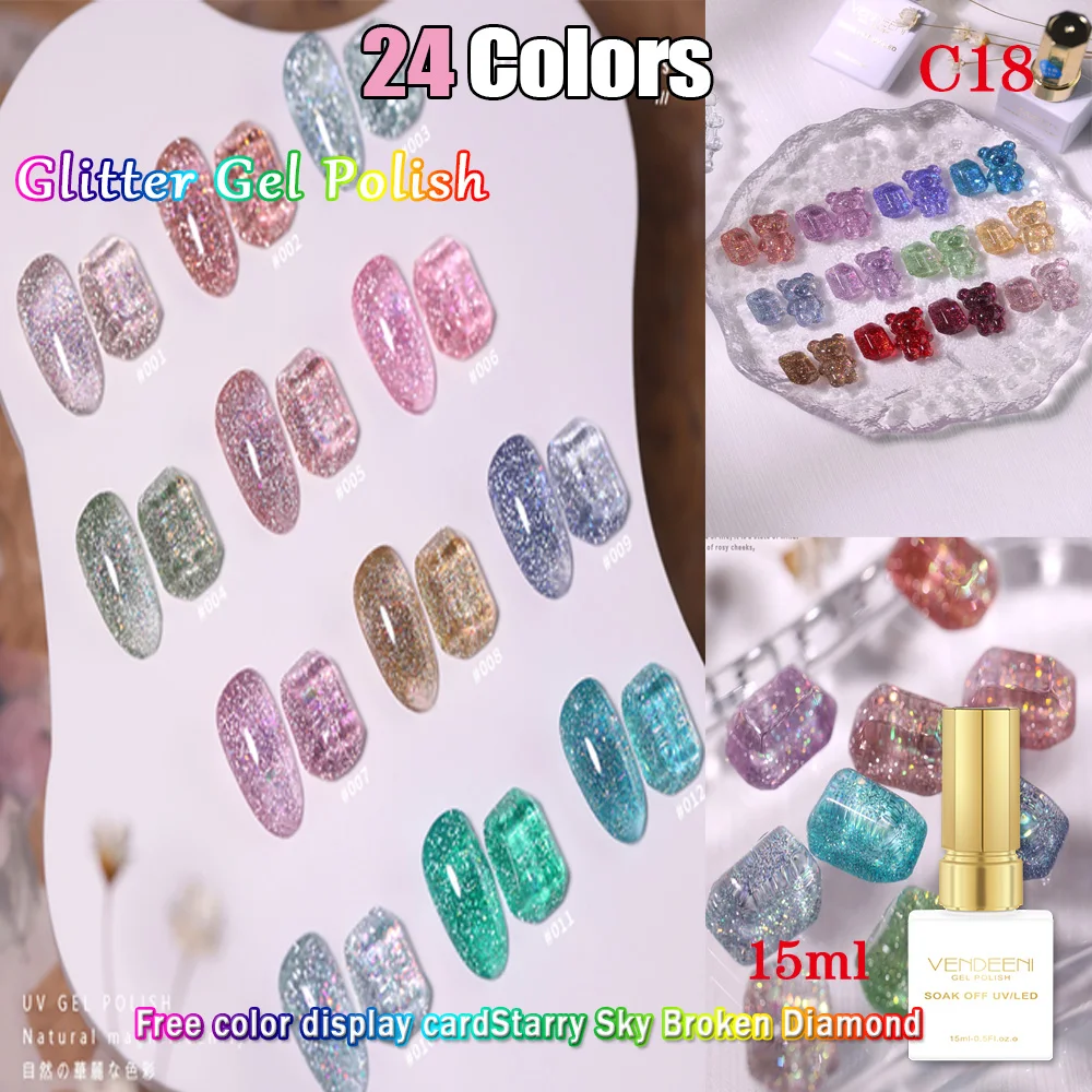 

Vendeeni 24 цвета/набор Волшебная вспышка Сломанный алмазный гель-лак для ногтей УФ-светодиодный блестящий маникюрный лак для ногтей с цветной картой
