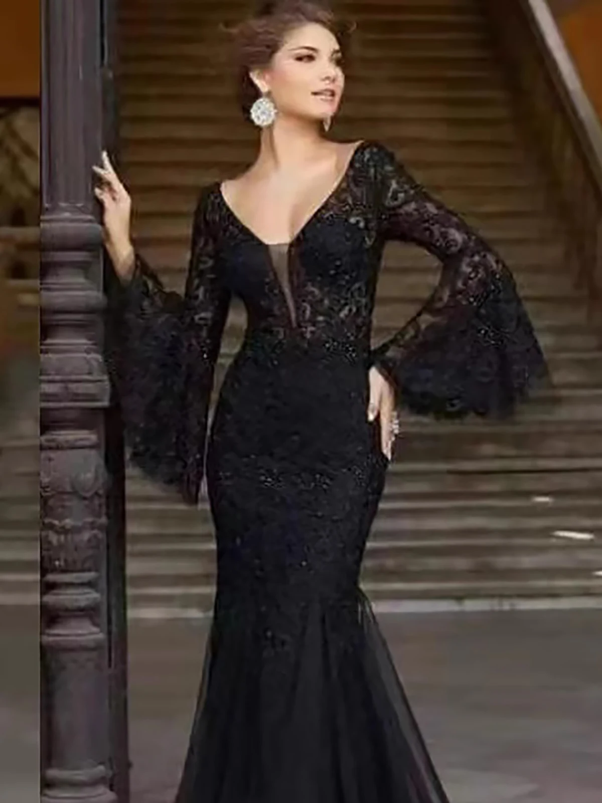 Mulheres rendas em camadas malha elegante vestido de noite transparente manga alargada magro com decote em v maxi vestido fishtail casamento convidado vestido feminino