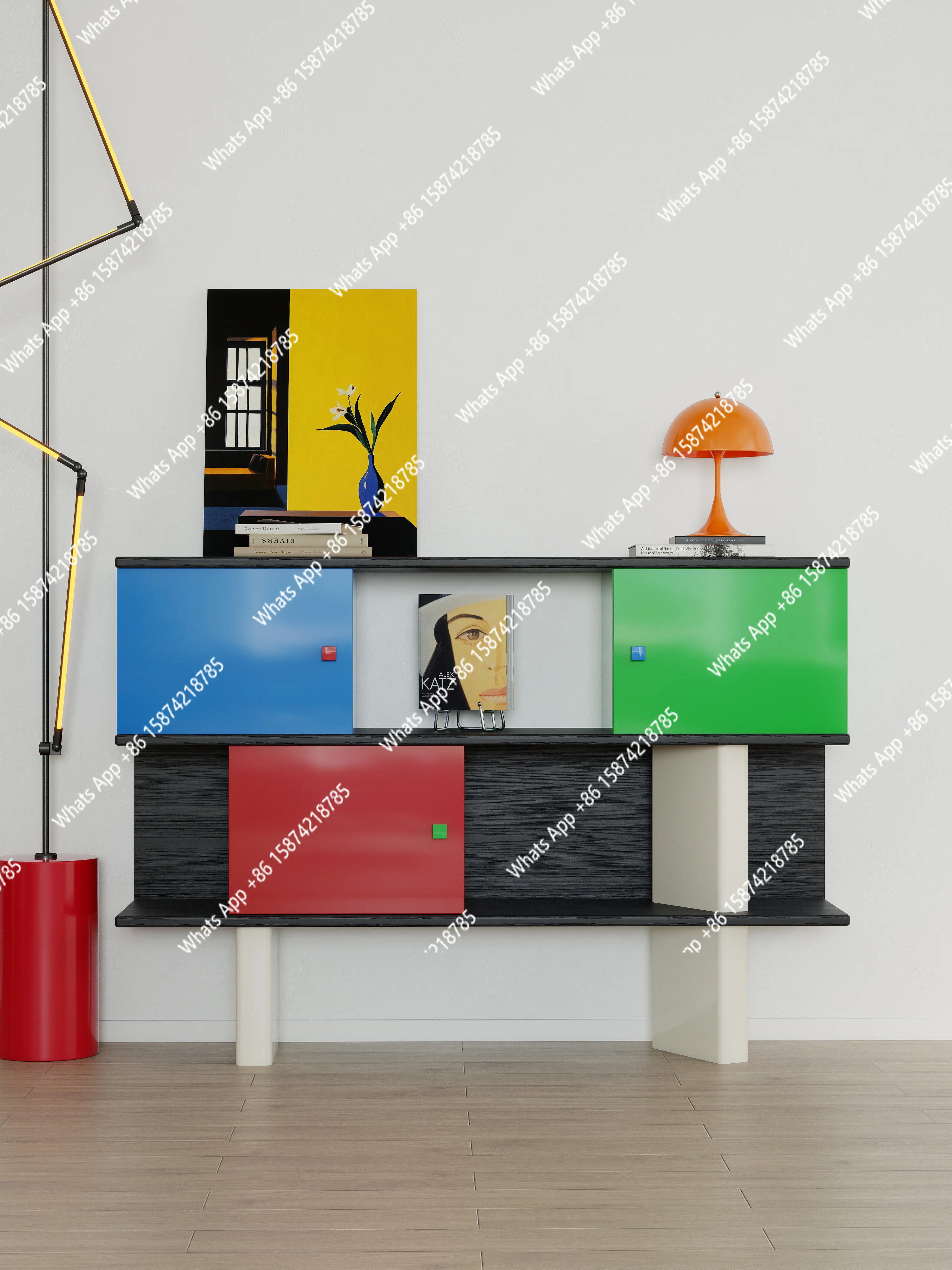 Creative entrance display cabinet, sofa side cabinet, shelf, solid wood bookcase, retro creative grid