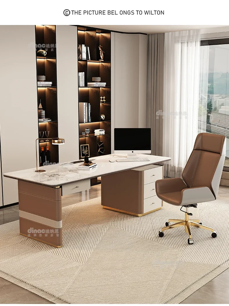 

Легкая роскошная каменная тарелка, седло, кожаный стол, итальянская гостиная, большой длинный офисный стол из цельного дерева, современный дом