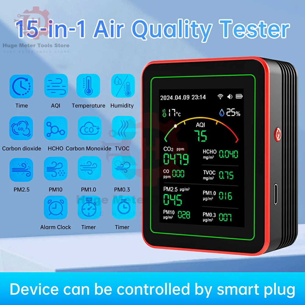 Tuya WiFi 15 w 1 Monitor jakości powietrza PM0.3 PM1.0 PM2.5 PM10 Detektor formaldehydu Tester CO2 Domowy detektor sterowany aplikacją