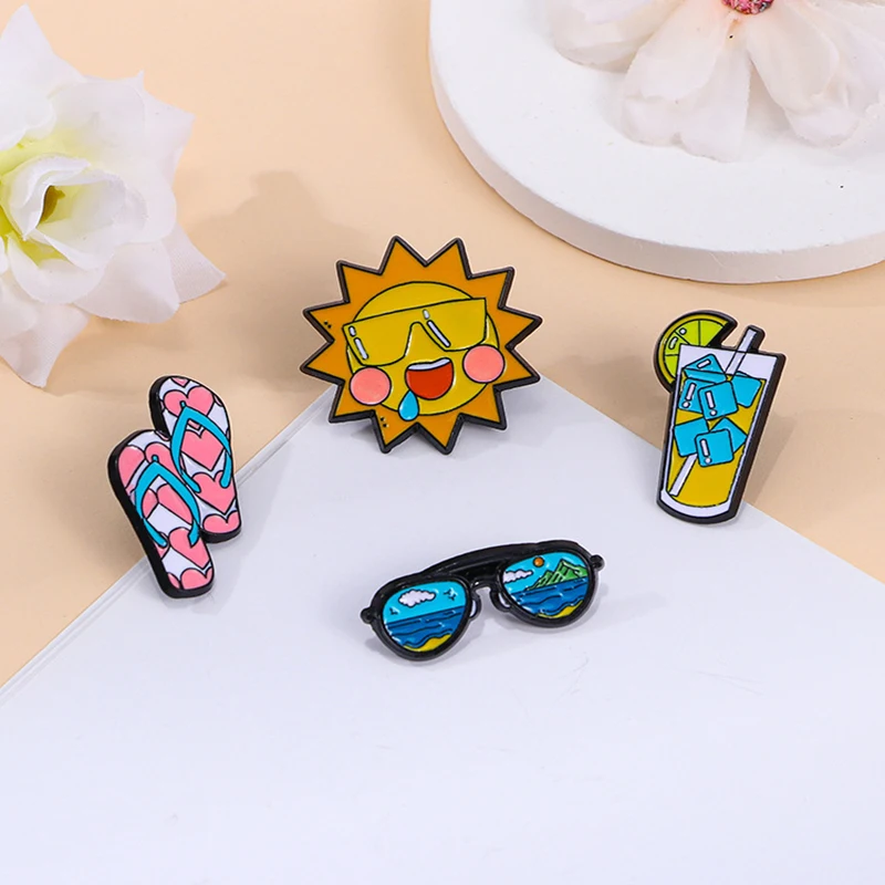 

Original cartoon Sun brooches summer beach vacation series slippers sunglasses ice beverage badges