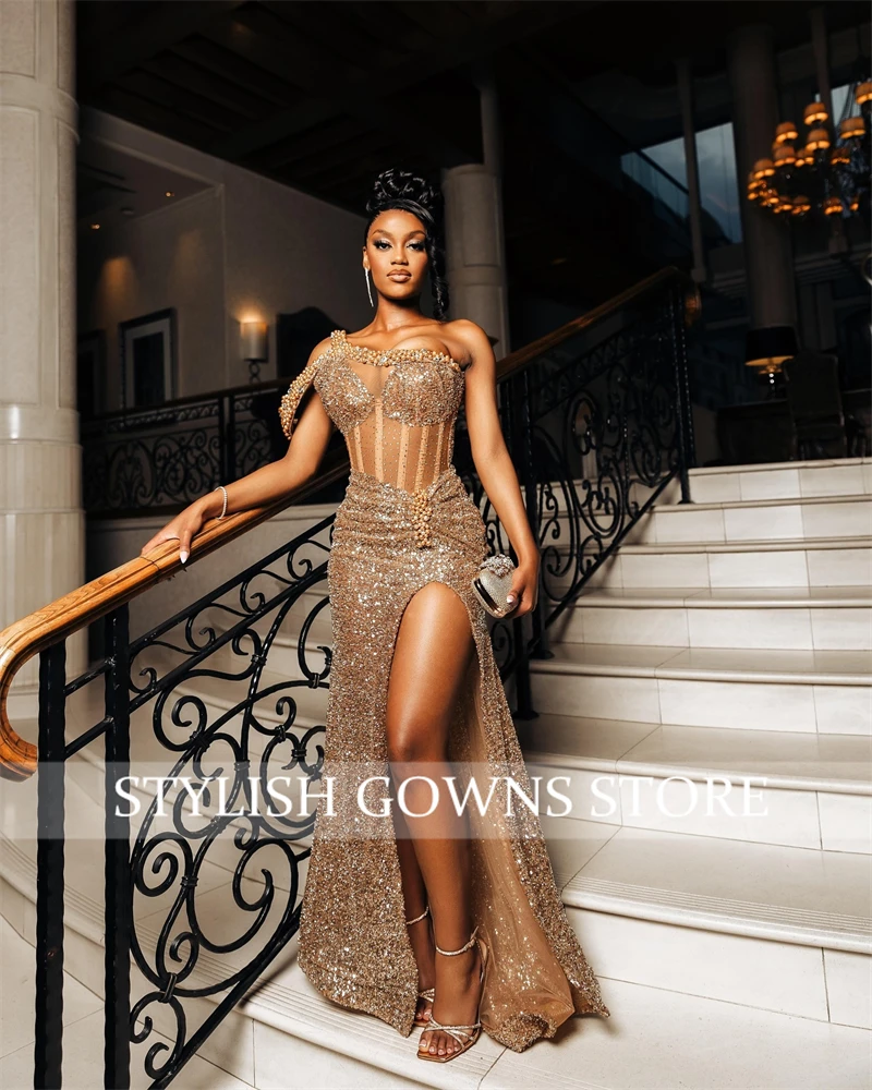 Aso Ebi Gold One Initiated Robes de soirée pour fille noire, perle de cristal, robe d'anniversaire de luxe, robe formelle à paillettes, personnalisée, 2024