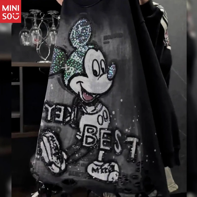 

Miniso Plus Size Casual Pullover with Sequins | Cartoon Print & Distressed Detail Long Sleeve