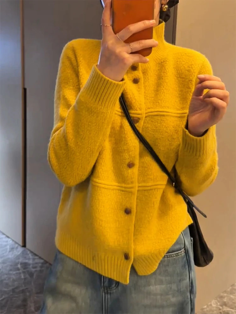

Корейский вязаный кардиган с высоким воротником, мягкий и уютный, универсальный топ большого размера для осени и зимы, сохраняющий тепло, с длинными рукавами