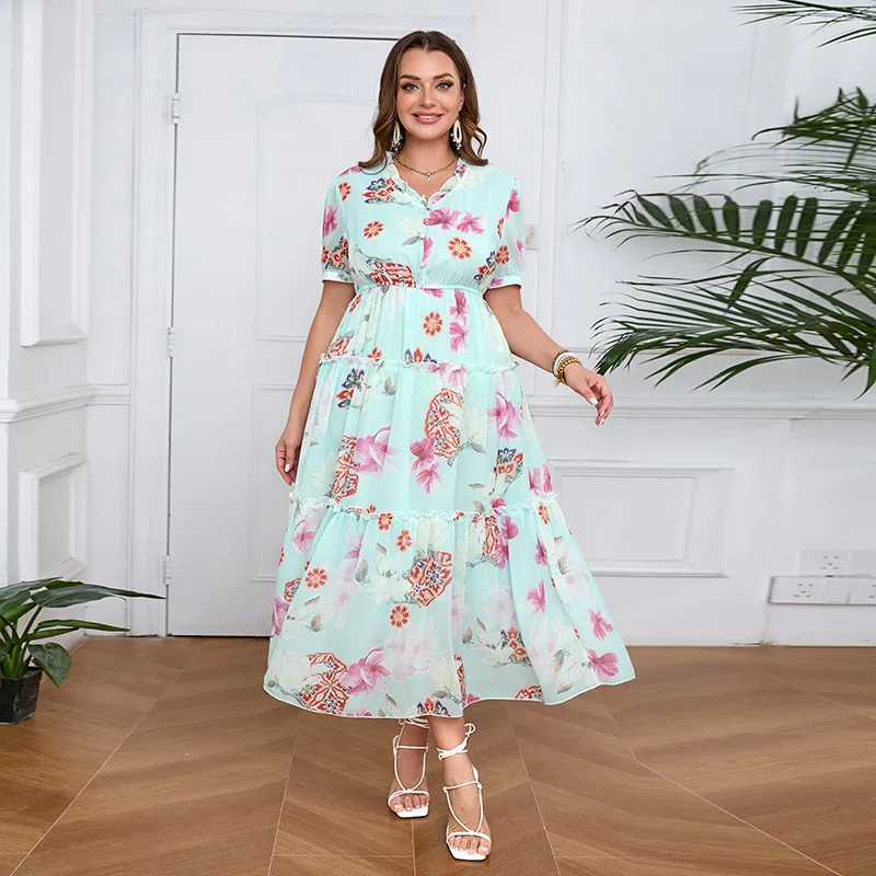 

French celebrity large size dress ruffle edge Tencel chiffon big swing dress 100kg high-end temperament elegant classic women's