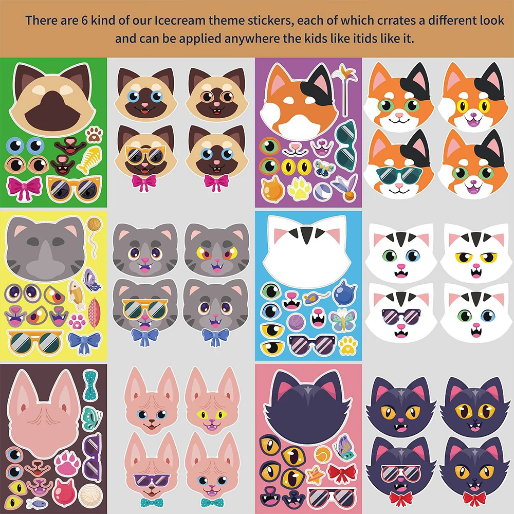 

6/12Sheets Cute Cats Make-a-Face Stickers Kids Educational DIY Game Jigsaw Toy Kawaii Decoration Animal MEME Puzzle Sticker Book