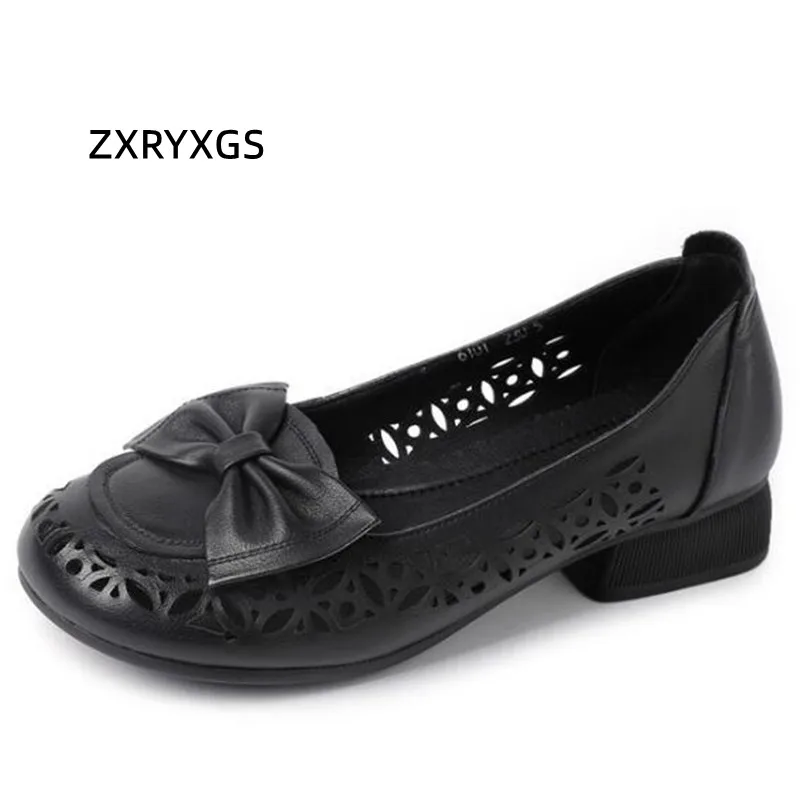 ZXRYXGS Superior Cowhide Bow Fashion Single Shoes Woman Low Heels 2024 Spring Summer Hollow Breathable Leather Sandals Plus Size