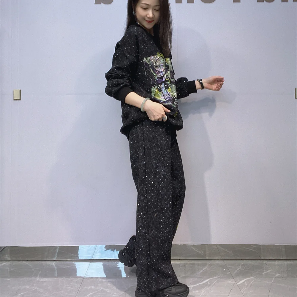 New Autumn Winter Casual Women Two-piece Set Cartoon Hot Drilling Long Sleeve Hoodie Top + Elastic Waist Wide Leg Straight Pants