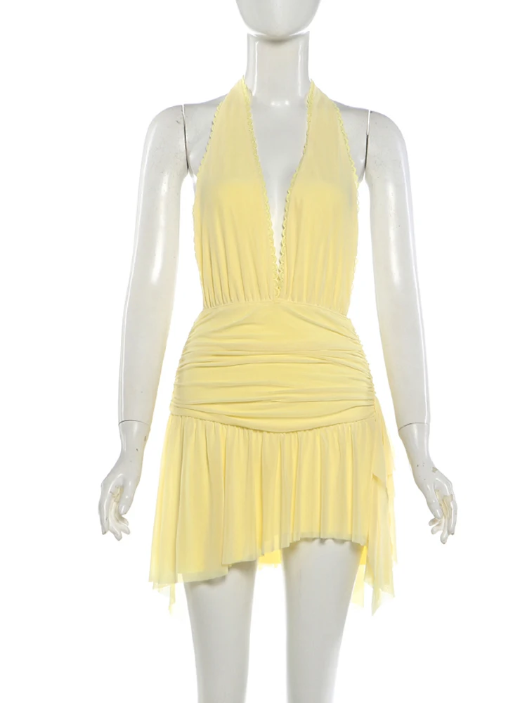Sisterlinda Neckholder-Spitzenkleid für Damen, Bandage, tiefer V-Ausschnitt, rückenfrei, ärmellos, Falten, unregelmäßiger Saum, modisch, Streetwear, Sommer, figurbetont – Detail 4