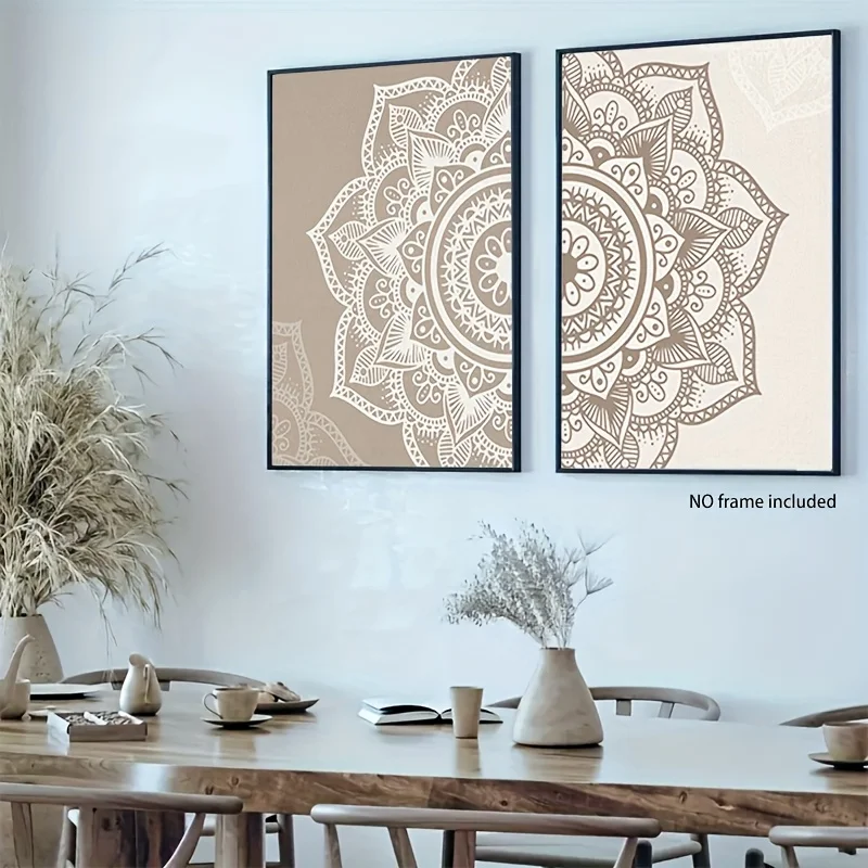 

2D 2pcs Bohemian Mandala Floral Canvas Wall Art, Frameless Beige & White Intricate Design Poster for Living Room Bedroom Decor
