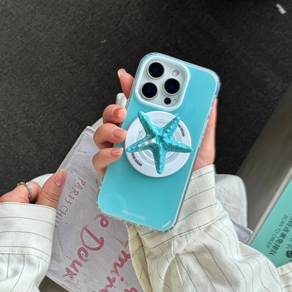 

Свежая голубая стереоскопическая морская звезда с держателем, магнитный чехол для телефона с беспроводной зарядкой для iPhone 16, 15, 14, 13 Pro Max