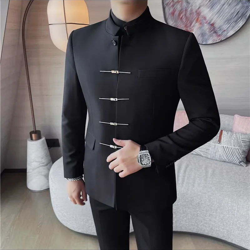 Chinese Style Stand Up Collar Suit Jacket for Men High Quality Mens Slim Fit Casual Social Wedding Dress Coat Men\'s Clothing