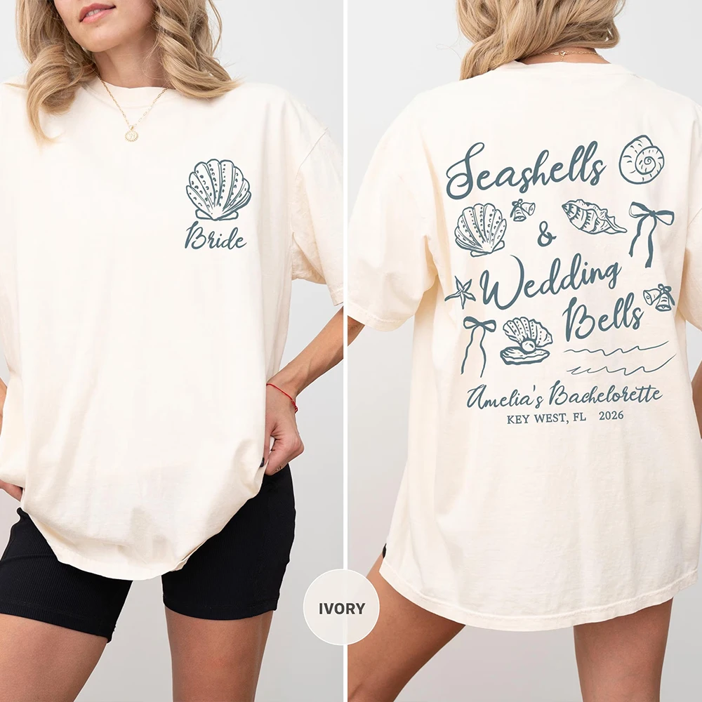 Seashells and Wedding Bells Bach or Bride Shirt Beach Bach Cover Up Coastal Bridal Party Tee Key West Girls Trip Tee Bride Top