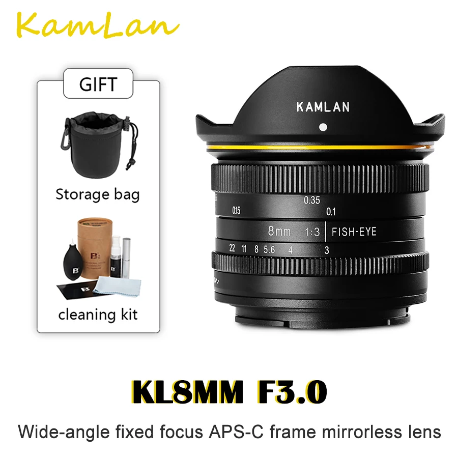 Kamlan 8mm F3.0 APS-C Wide-angle fixed focus Pure Manual lens Mirrorless Camera lens for Canon Fuji Macro 4/3