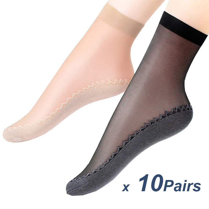 

10 Pairs Spring Summer Women Soft Socks Casual Non-Slip Bottom Splice Fashion Transparent Ladies Girls Breathable Thin Silk Sock