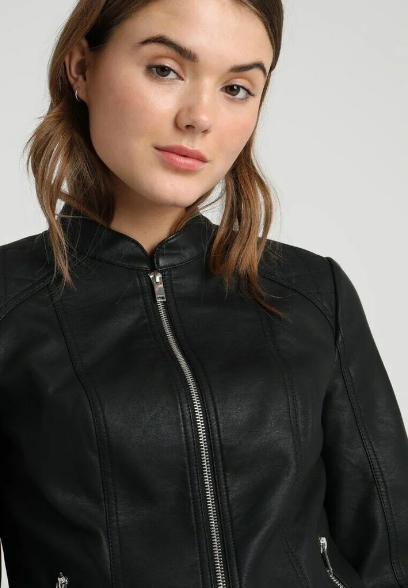 Jaket Kulit Wanita 100% Biker Hitam Asli Mantel Pas Kustom Kulit Domba dan Jaket Kerah Berdiri Mantel Parit Kelas Atas