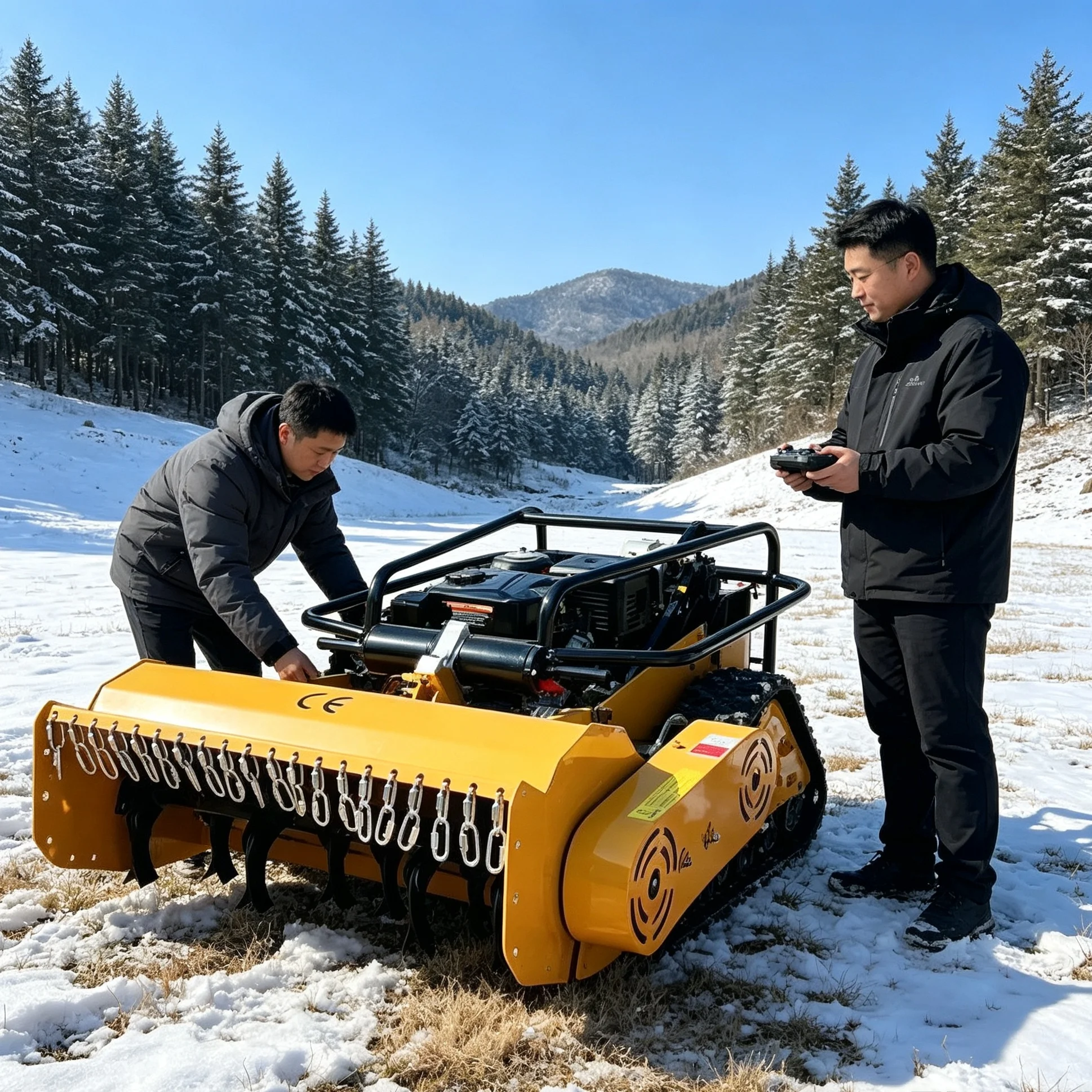 Customized industrial long‑distance remote module, RC lawn mower 800spro completes slope mowing work on hilly tea‑planting zones