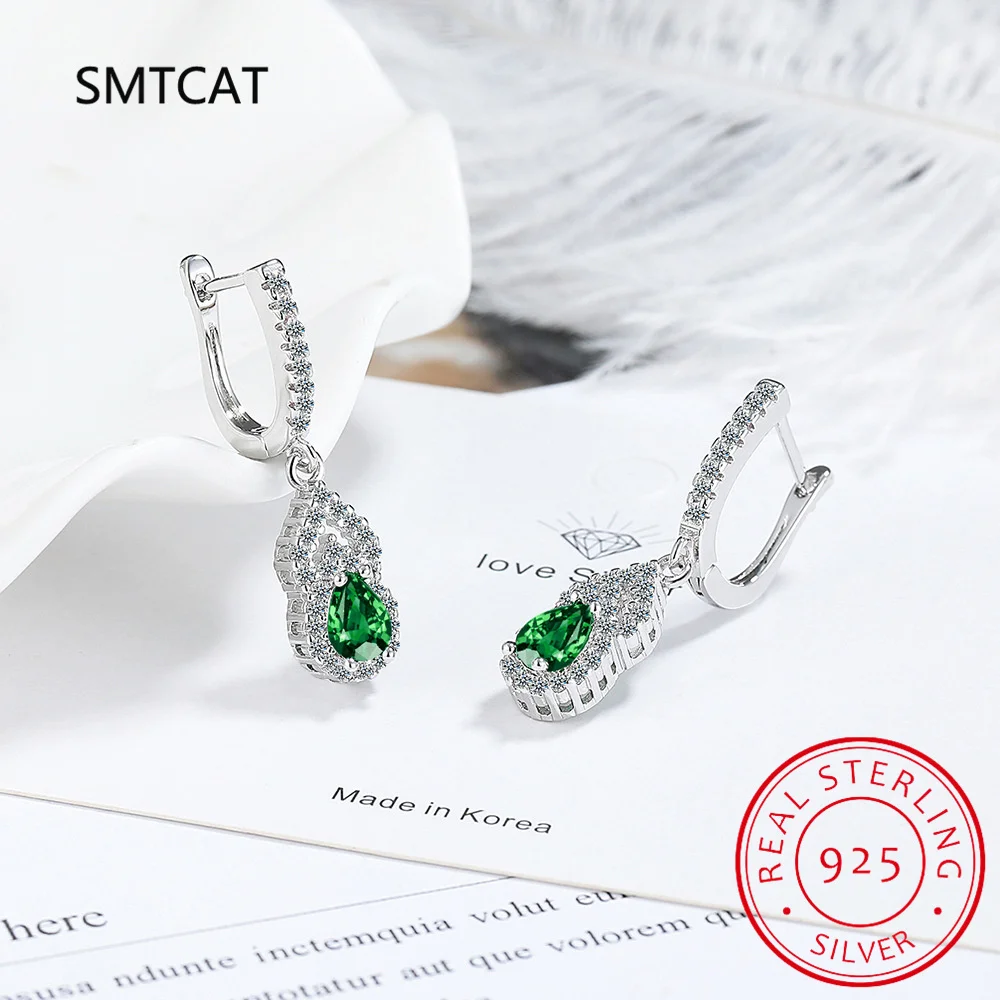 Pear Simulated Nano Emerald 925 Sterling Silver Drop Earrings for Women Fashion Statement Green Gemstone Jewelry