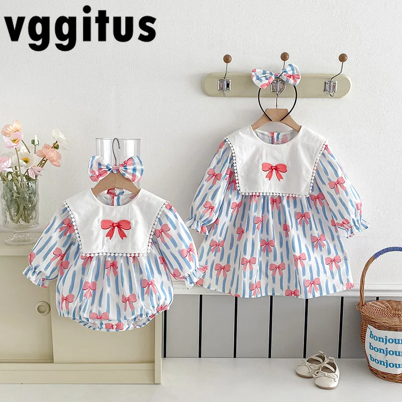 2025 New Spring Autumn Baby Girls Long Sleeve Stripe Bodysuit Kids Bow Print Princess Dress Kids Family Sisters Costume H1128