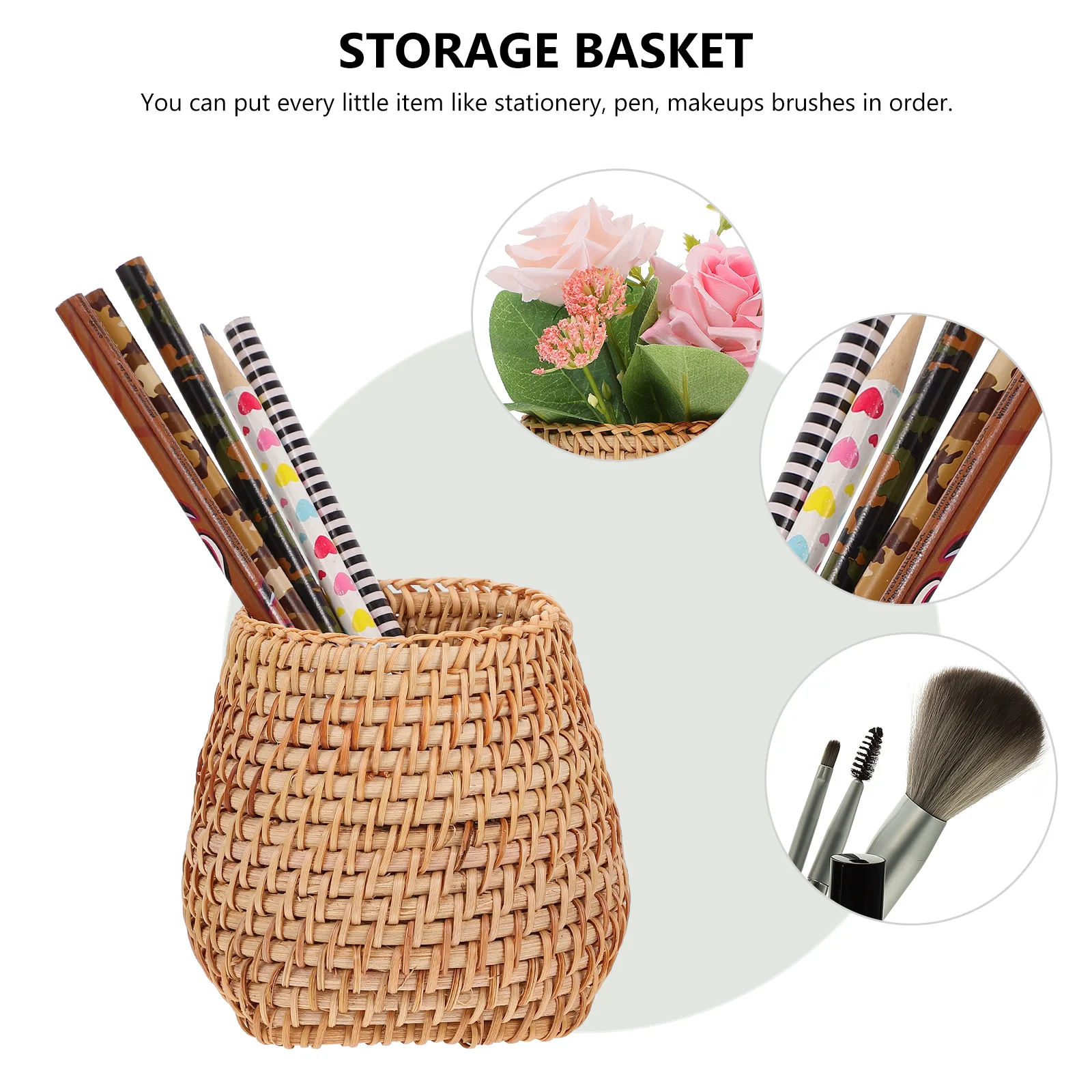

1pc Wood Woven Pen Holder Rattan Storage Basket Desktop Organizer Home Accessory Handcrafted Container Space Saving