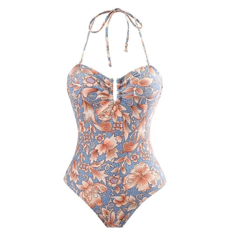 Retro Floral Print Swimsuit Set for Women, Fashion Neck Tie, High Waist Cover Up, Summer, New, 2024