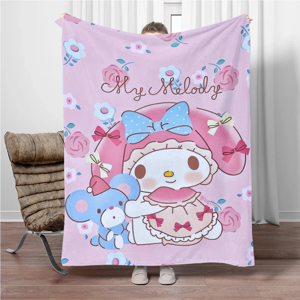 8 Sizes My Melody Sanrio Printed Blanket Warm Soft Fluffy Kids and Adult Sofa Throw Blanket for Bed Outdoor Travel Camping Gifts