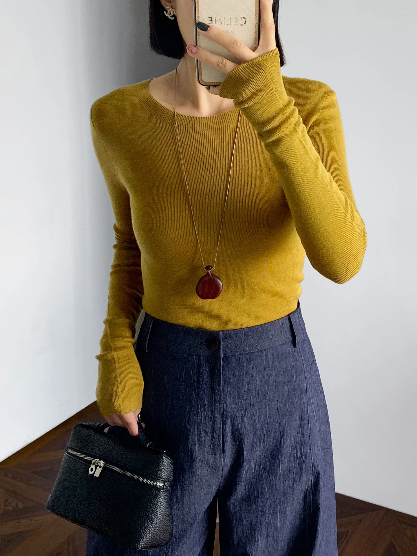 

Lutong Yangzi Yarn 8 Needle Fine Spun Sl One-Piece Wool Knitted Sweater Women's Casual Fit Soft Long Sve round Ne