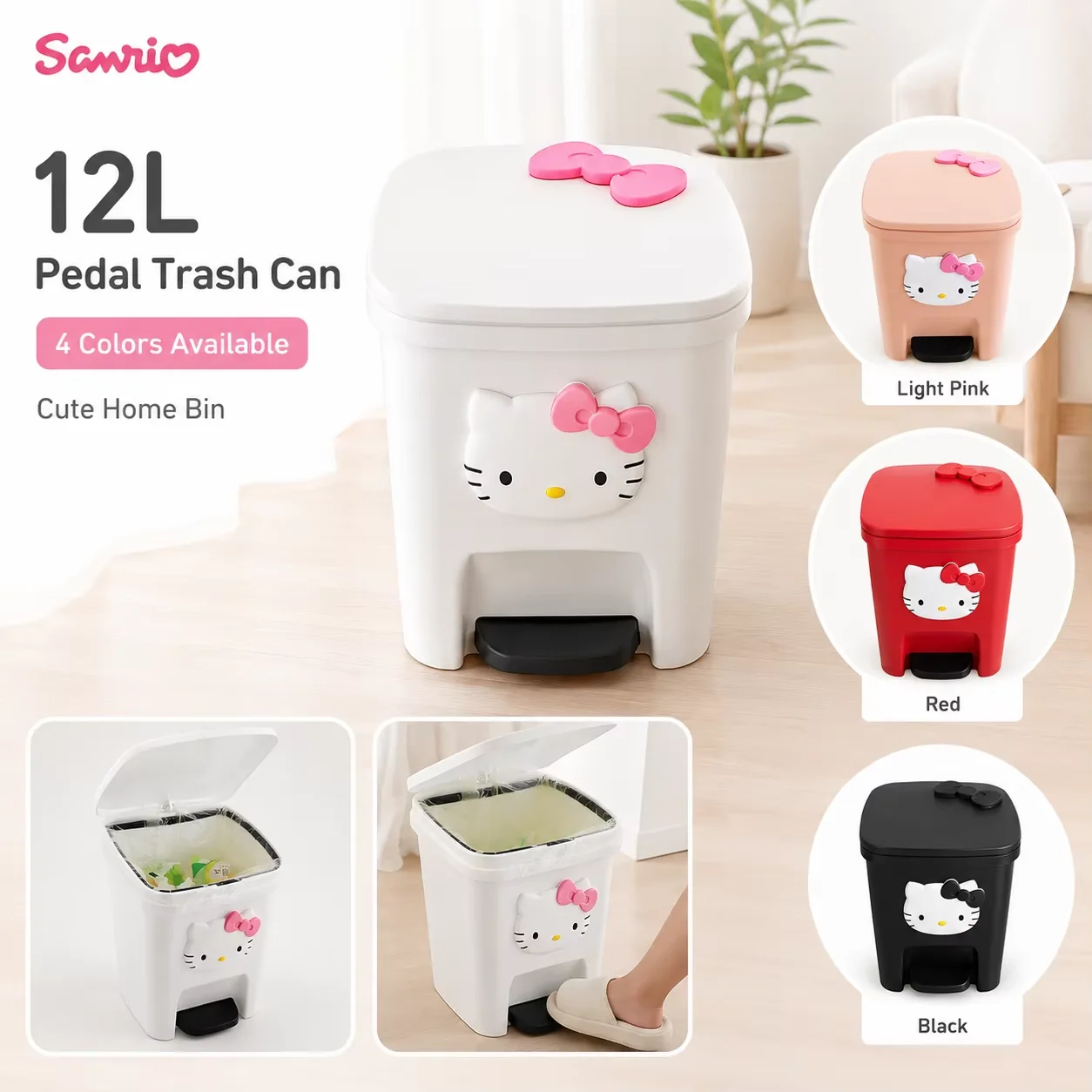 Sanrio Hello Kitty 12L Pedal-Mülleimer mit Inneneimer, niedlicher Cartoon-Abfalleimer aus Kunststoff, Behälter für Haushalt, Badezimmer, Küche
