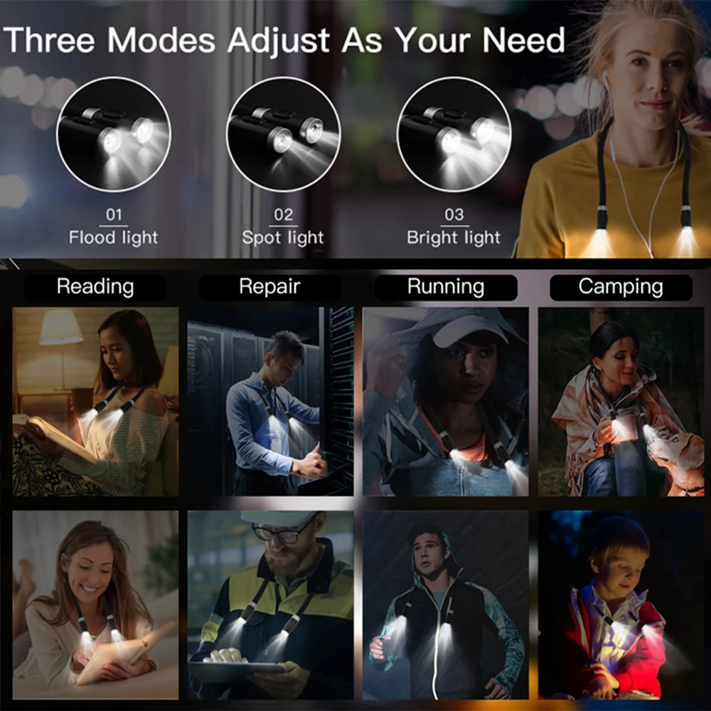 

F2 USB Reading Lamp Night Light Neck Book Light Rechargeable HandsFree Durable LED for Knitting Camping Repairing Work Lighting