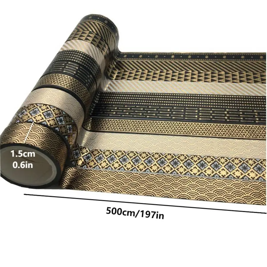 Black Gold Washi Tape Set 10 Rolls Basic Foil Print Decorative Masking Tapes for Arts, DIY Crafts, Journals, Planners, Scrapbook