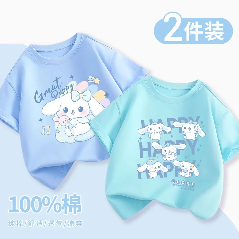 Camiseta de algodón con estampado de dibujos animados para niños, camisa de manga corta con cuello redondo, estilo informal, Sanrioed Kuromi Cinnamoroll, 2 piezas, novedad de verano