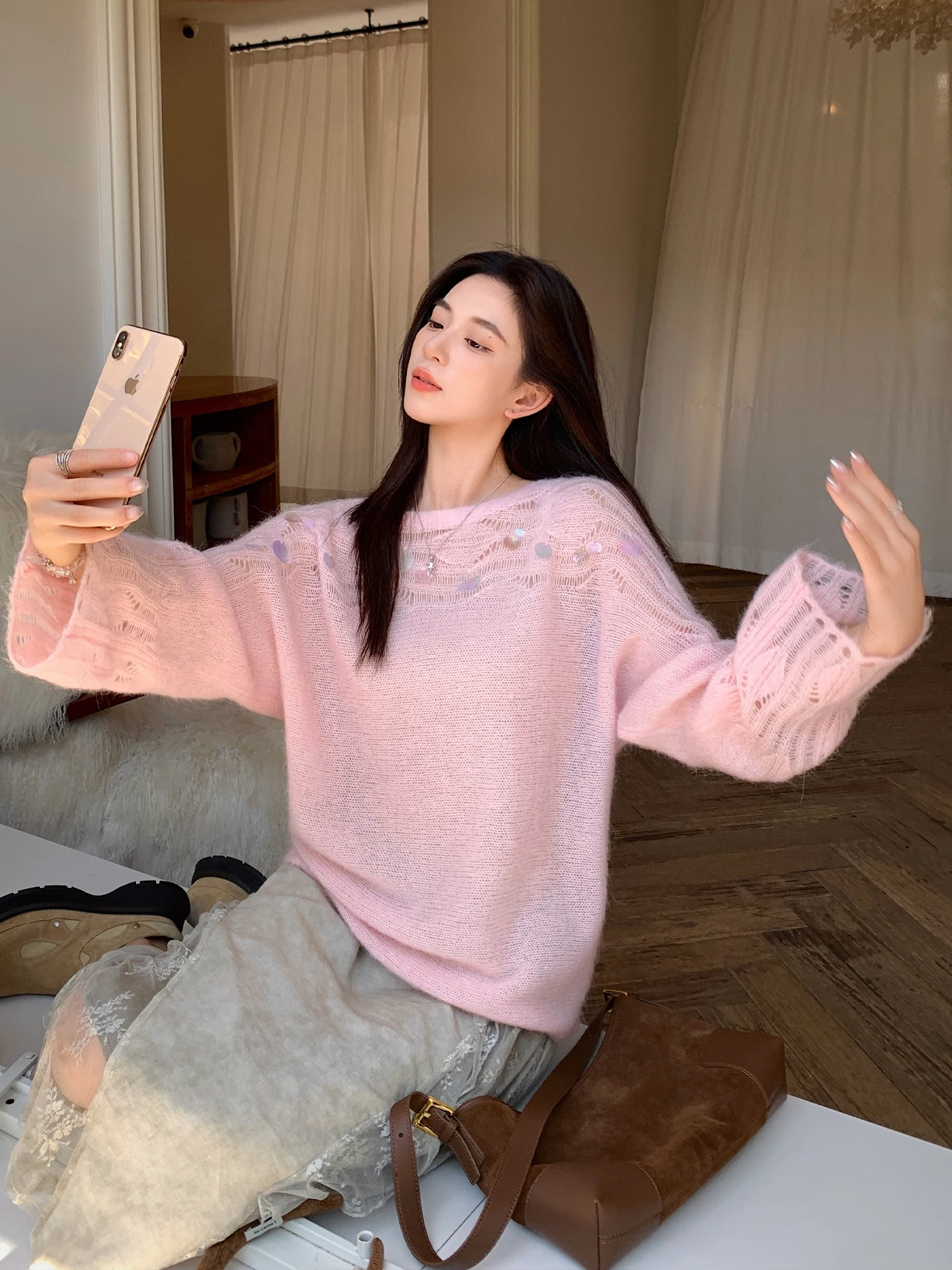 

TWINS Soft Gentle Women's Alpaca Wool Knitted Hollow out Top with Sparkle Detail Autumn Season Long Sve Crew Ne