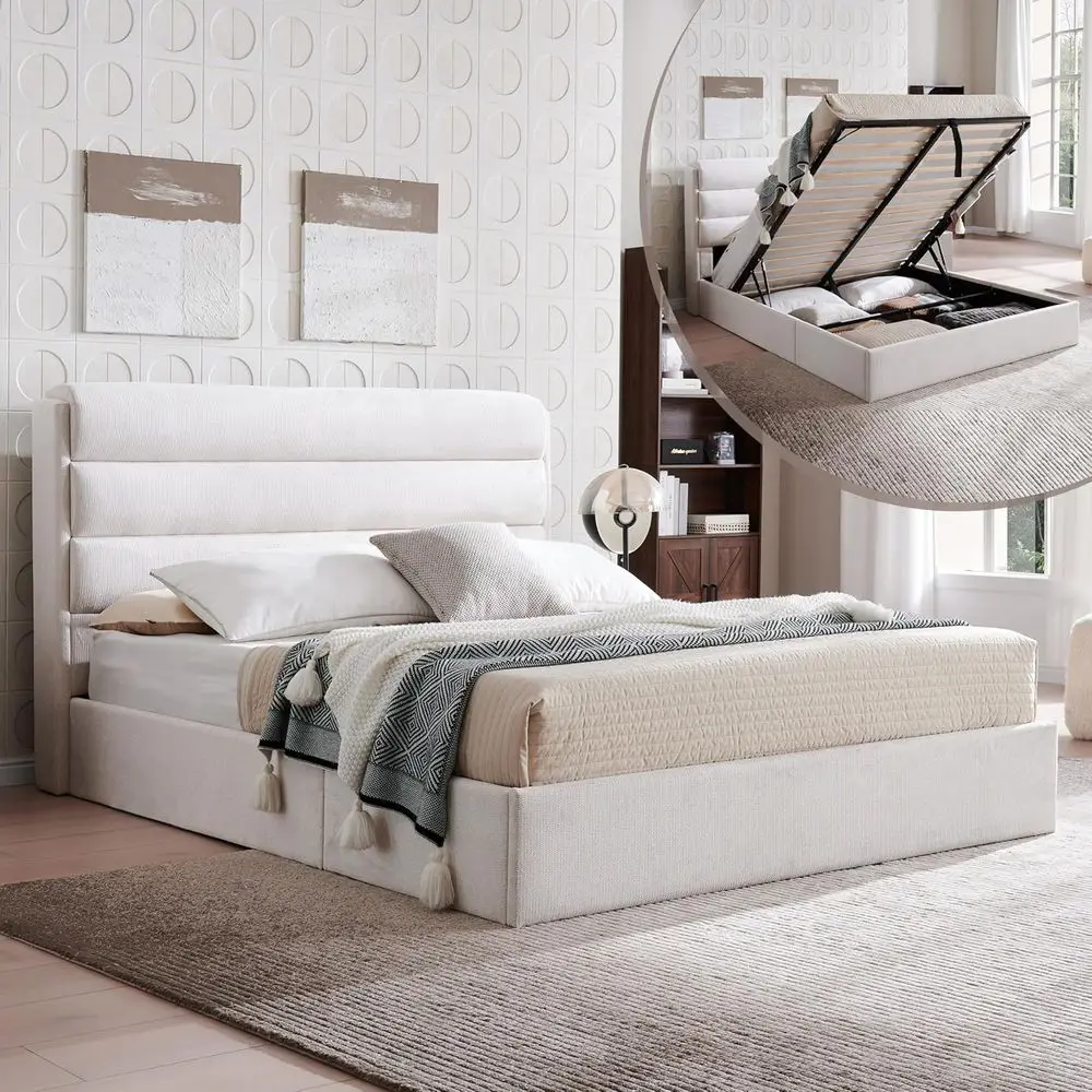 Queen Size Linen Upholstered Platform Bed with Hydraulic Lift and Wood Slat Support, No Box Spring Needed, Easy Assembly, Ivory
