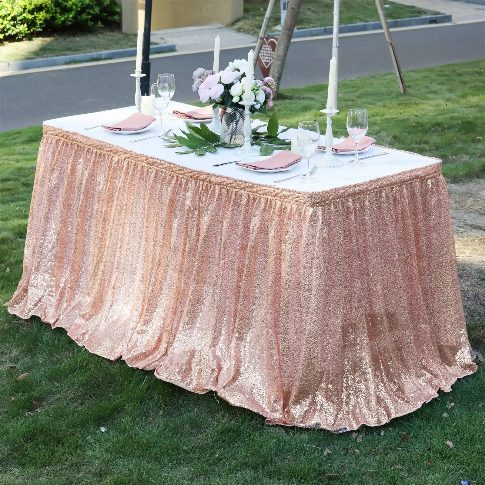 4/6/9/14ft Rose Gold Sequin Table Skirt for Round/Rectangle/Square Table for Birthday Party Wedding Christmas