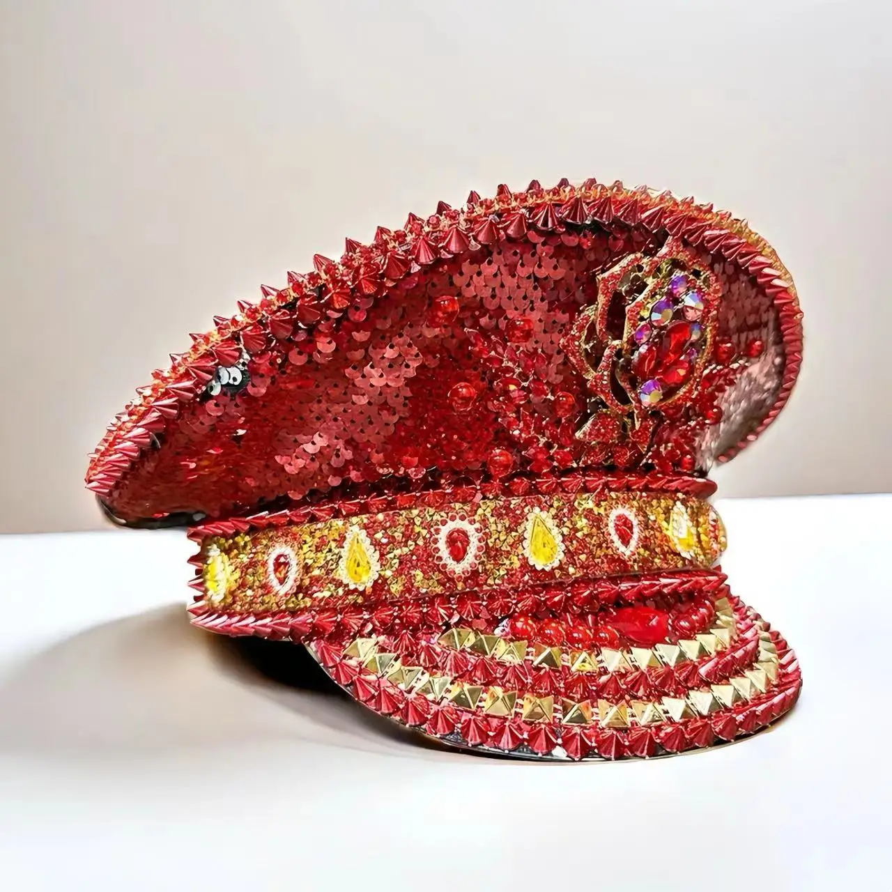 

HongLuan Vintage Red Steampunk Captain Hat Rhinestone for Burning Man Festival Woman - Military Accessories ＆ Caps for Man