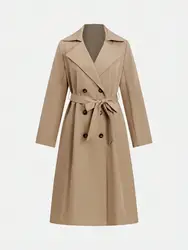 Advanced temperament women's fashion double breasted waist cinched British style mid length long sleeved windbreaker jacket