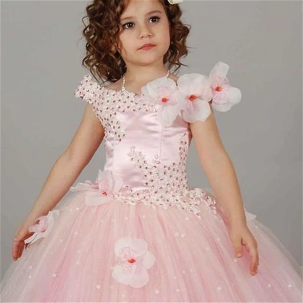 Elegant Sleeveless Tulle Decal Pink Angel Princess Flower Girl Dresses Wedding Party Ball First Communion Dresses Kids Gift