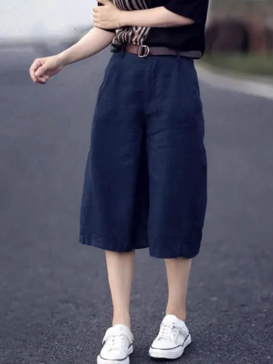 

Летние тонкие хлопковые льняные брюки, женские повседневные широкие брюки, брюки пять четвертей, большие размеры, прямые повседневные льняные брюки средней длины