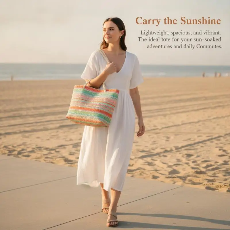 Straw Woven Tote Bag Extra Spacious Rainbow Stripes Sturdy Cotton Handles Fits Towels Snacks for Beach Travel Trip