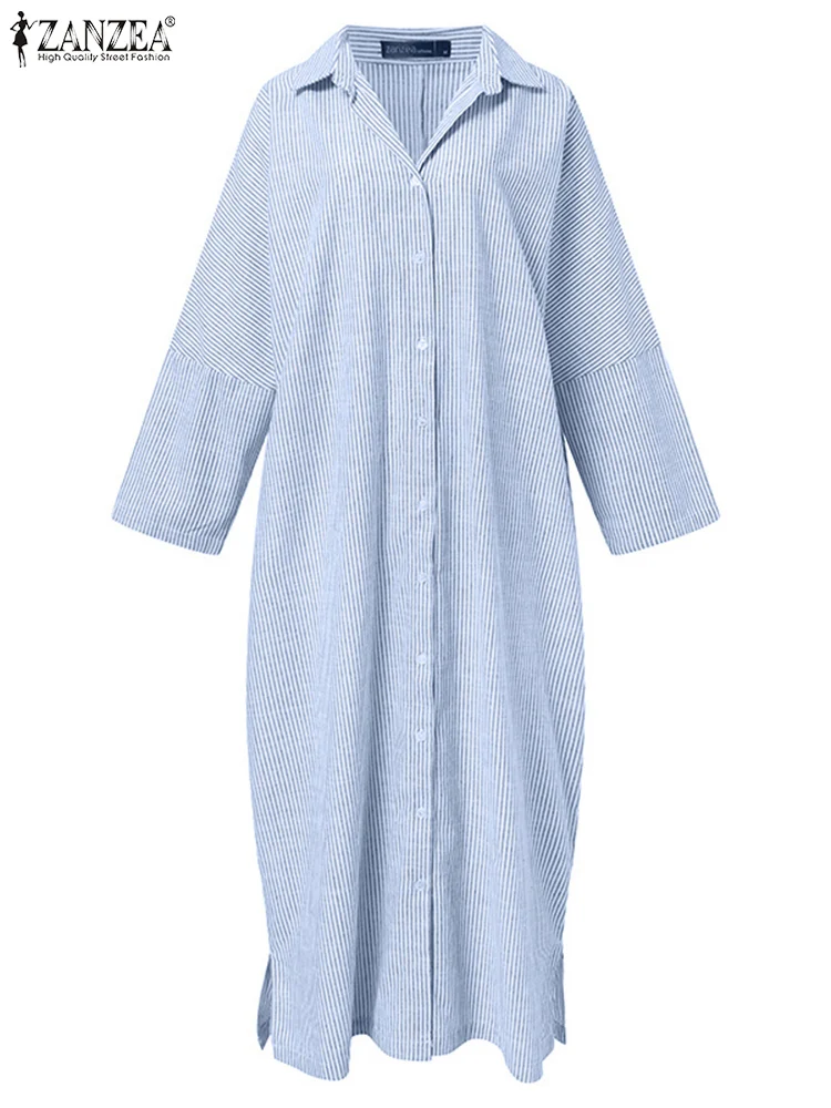 Moda Auutmn vestido camisero 2025 ZANZEA mujeres solapa cuello manga larga vestido veraniego a rayas Maxi bata Casual trabajo OL Vestidos de gran tamaño