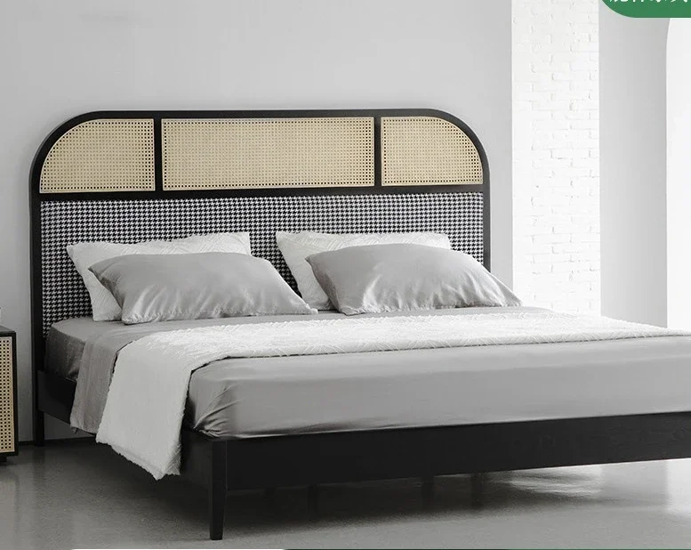 Nordic designer solid wood handmade rattan woven eyes, rattan white wax wood, 1.8m double bed, 1.5m homestay bed