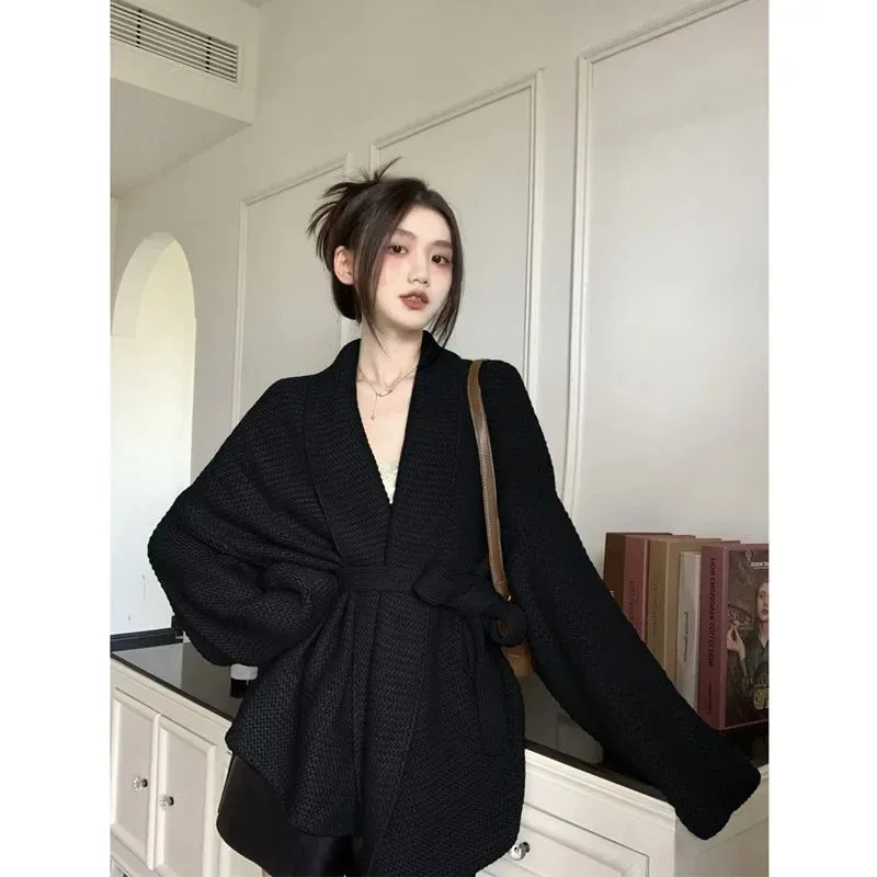 High-End Design Sweater Coat Ladies Autumn And Winter Soft Waxy Sweater Casual Tie Waist Cardigan Tie Solid Color V-Neck Sweater