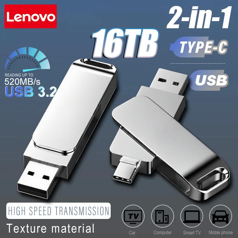 Lenovo 16TB High-Speed Type-C 2-in-1 USB Flash Drive OTG Pen Drive Memory Stick Pendrive 512GB 128GB 256GB for Phone Computer