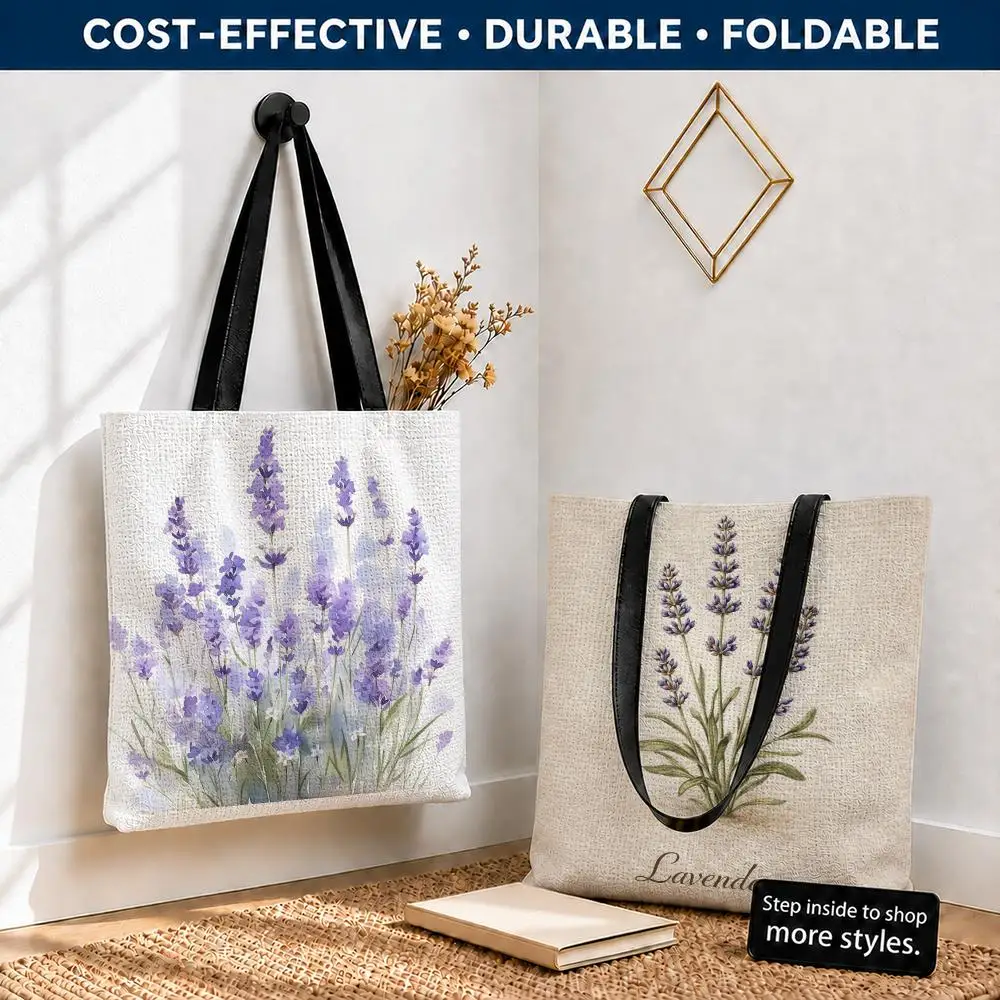Lavender Botanical Drawing Storage Bags Polyester Canvas Tote Lightweight Foldable Reusable Shopping Bag Shoulder Straps