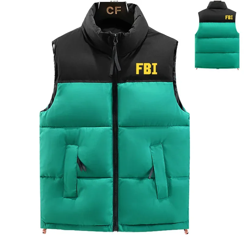 Doudoune en coton épais pour hommes, gilet haut de gamme, conception de contraste de document imprimé FBI, haute qualité