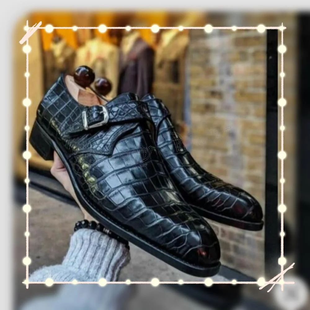 Black Alligator Print Leather Men Shoes Pumps Round Toe Men's Dress Shoes Gentlemen Slip on Party Shoes 2025 Big Size 47 Autumn