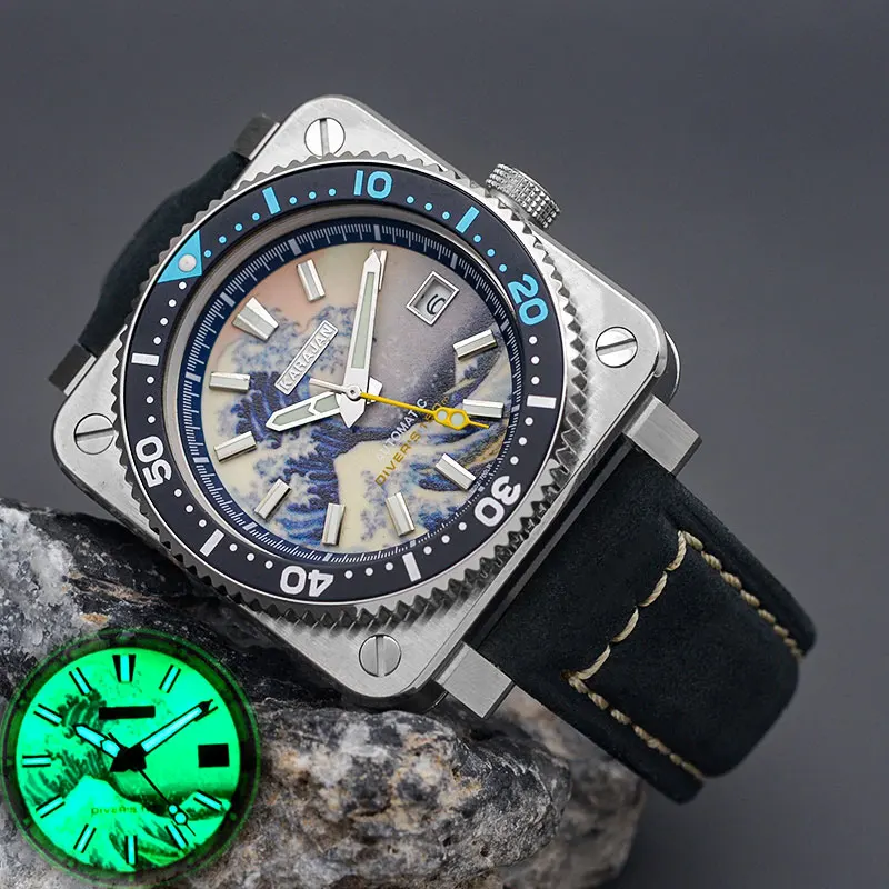 Design Ross Diving Square  Men‘s Watch With Japan NH35 NH36 Automatic Movement C3 Luminous 10ATM  Waterproof 316L Stainless