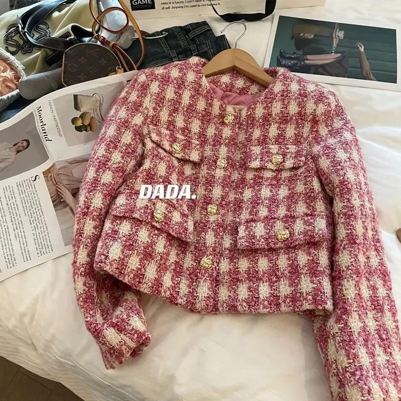 KUSAHIKI Tweed cappotto corto donna 2023 autunno coreano Hit Color Plaid giacca moda elegante o-collo monopetto Cardigan top